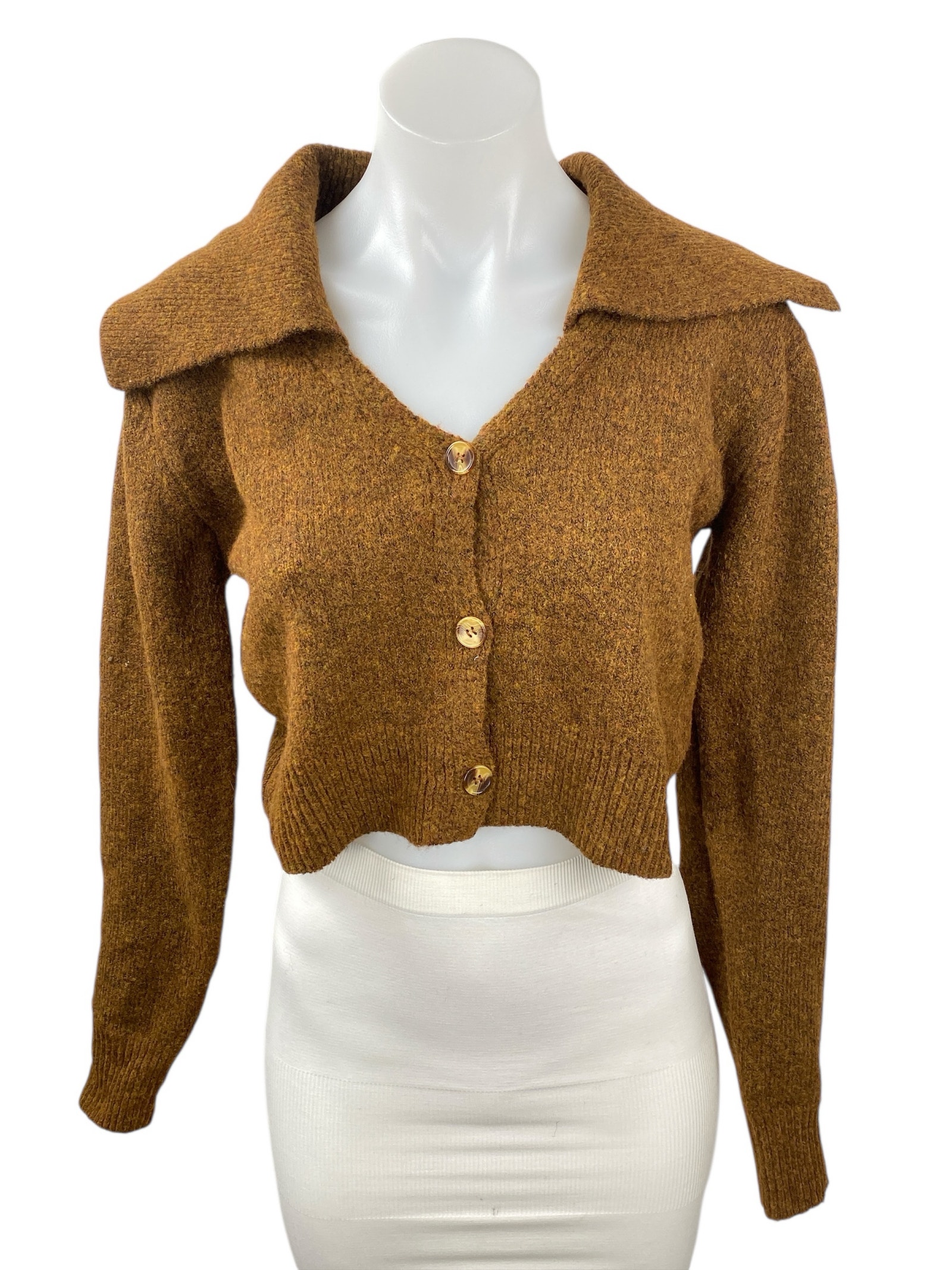 Commense Womens Brown Knit Long Sleeve Button Down Crop Cardigan Sweater Top S